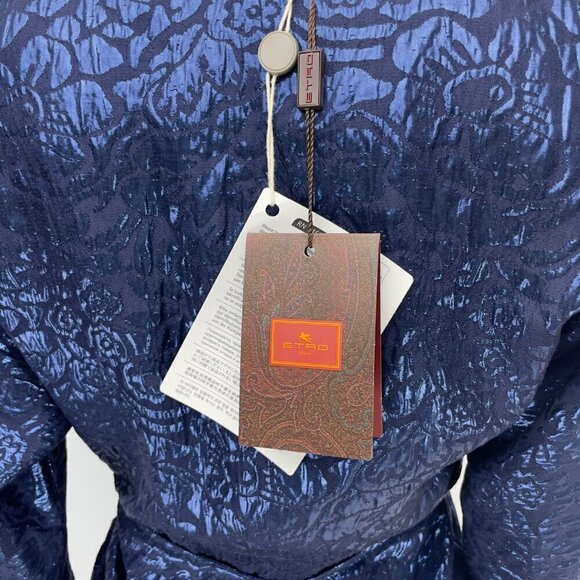 ETRO 2480$ NWT Wrap-effect Metallic Cloqué Floral Ruched Dress Royal blue IT 40 - Picture 14 of 16